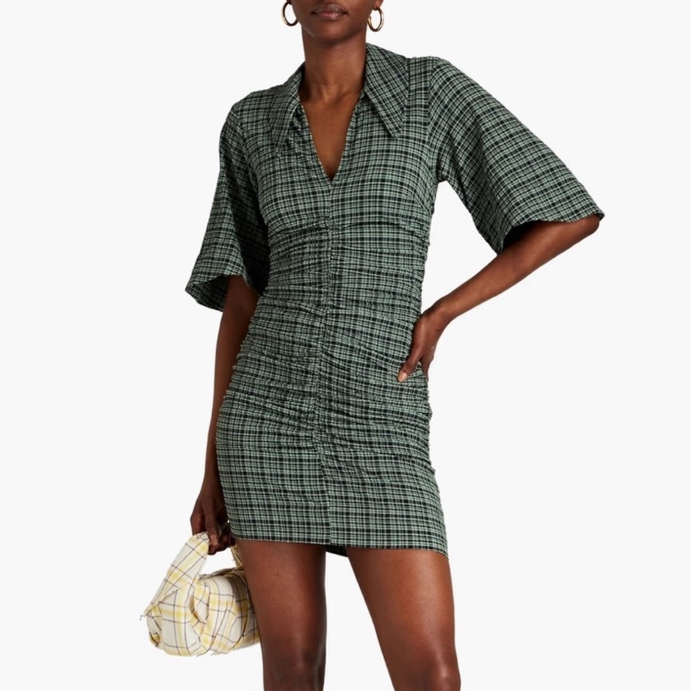 Ganni black and green checked seersucker v neck mini dress